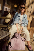 Corduroy Mom Bag in Lavender by Bettys Home.Young mom with her lavender tote bag siting in restaurant 
