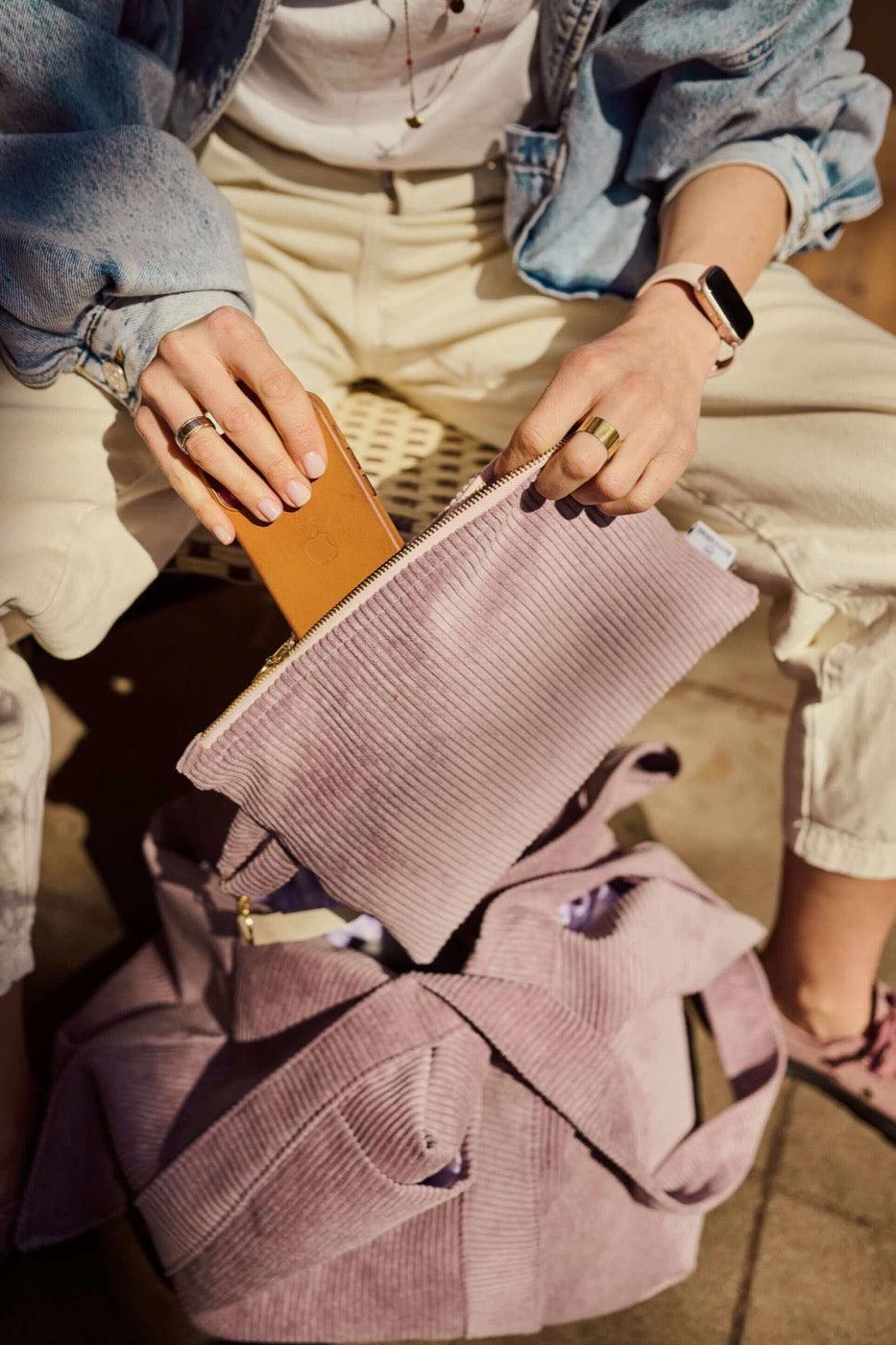 Corduroy Mom Bag in Lavender by Bettys Home.Young mom with her lavender shopper bag spending time at city 
