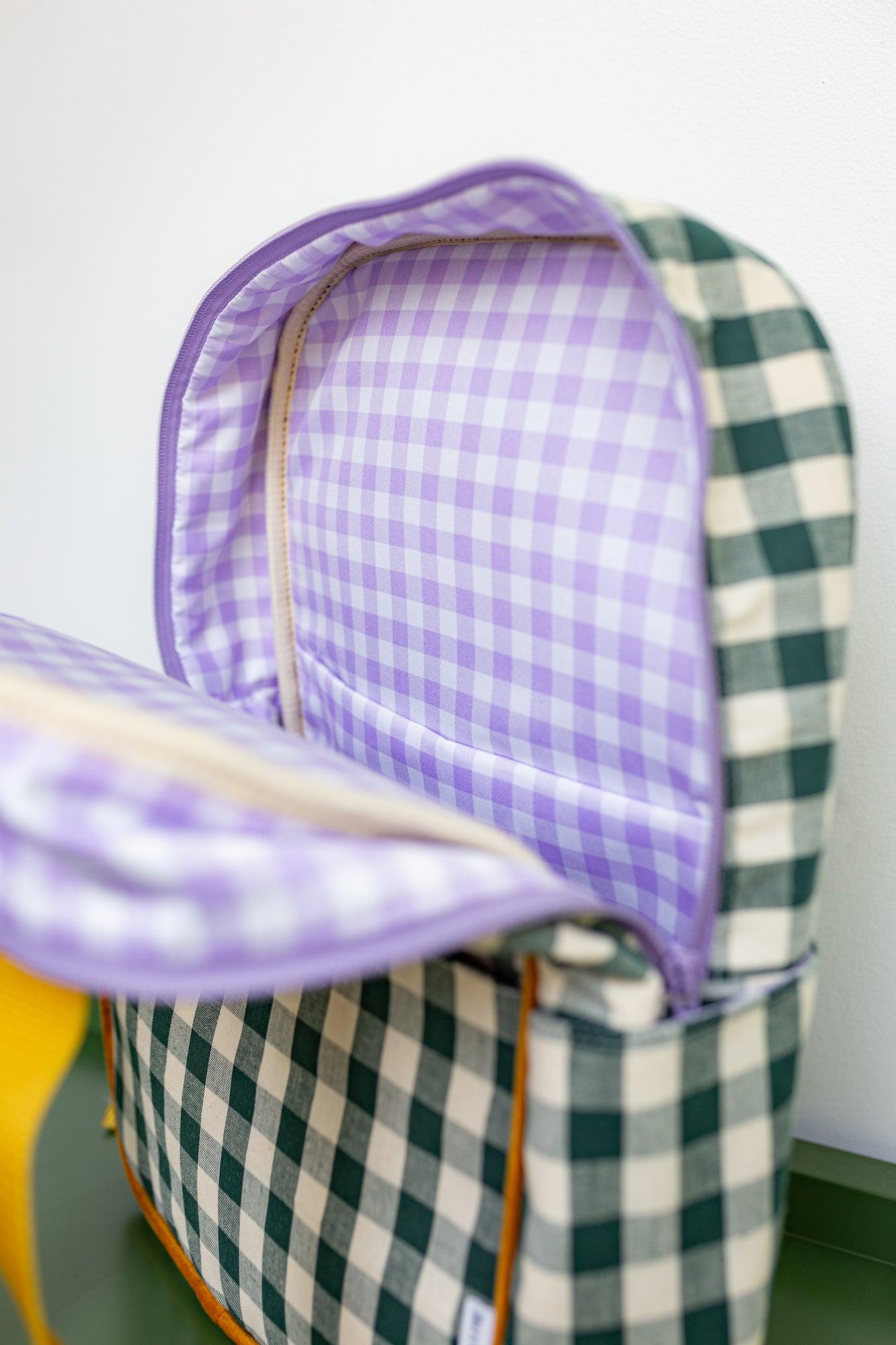 bettys home gingham green backpack with lilac inner 
