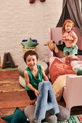 Happy kids playing with velvet letter pillows like velvet letter cushion A in blue. Baby boy shower decorations. Xmas kids