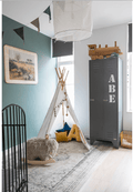 tent corner in kids bedroom with velvet letter cushion by betty's home inside