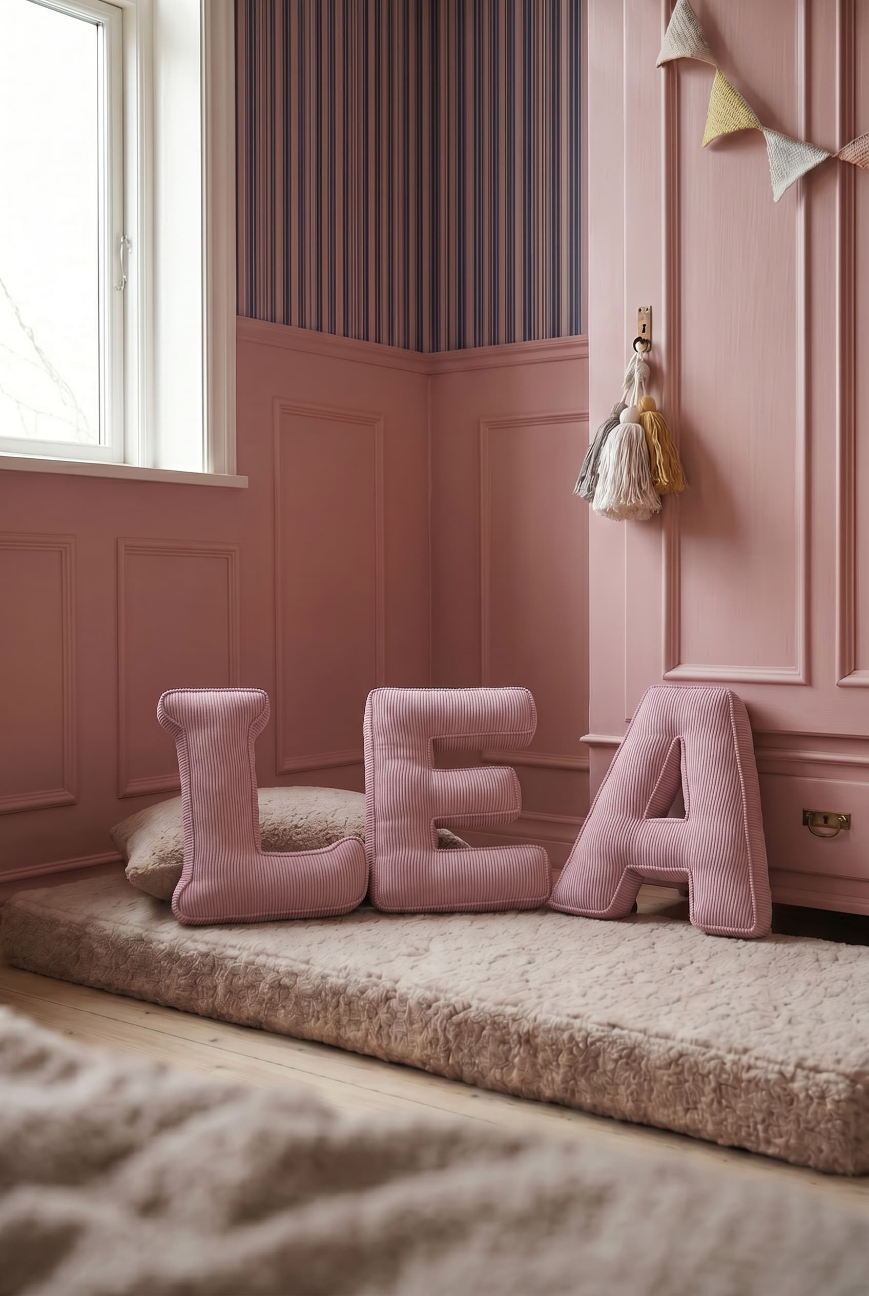 corduroy letter cushion LEA by bettys home in kids room. Cushion in shape of letter with name LEA