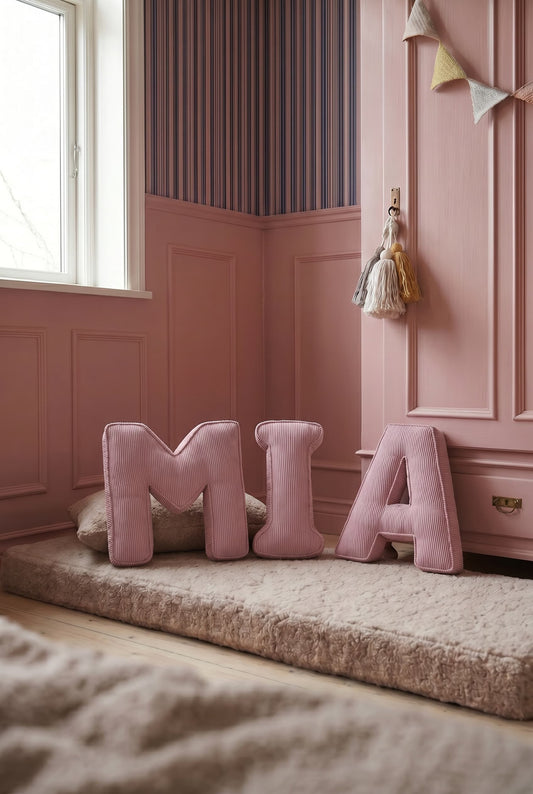 corduroy letter cushion MIA by bettys home in kids room. Cushion in shape of letter MIA