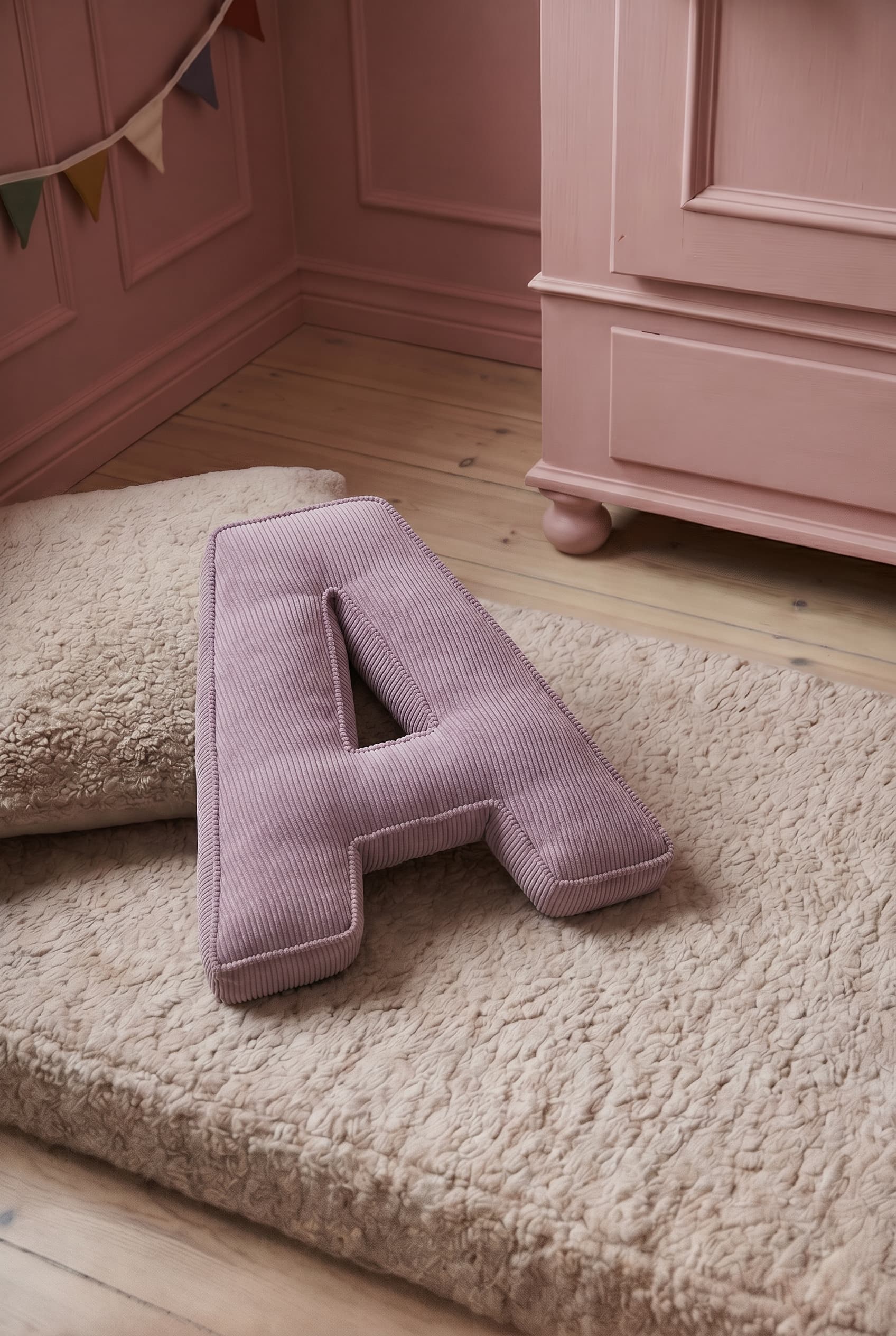 corduroy letter cushion A by bettys home in kids room. Cushion in shape of letter A on mattress