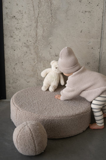 large pouf boucle mocha by bettys home with boucle ball cushion and kid 