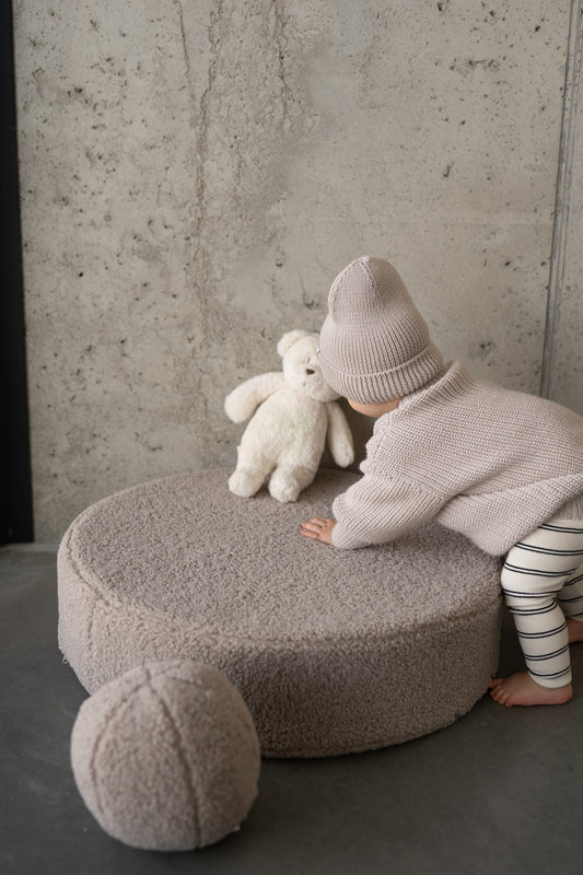large pouf boucle mocha by bettys home with boucle ball cushion and kid 
