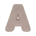 Boucle letter cushion A Mocha by Bettys Home on a white background. teddy cushion 