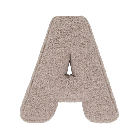 Boucle letter cushion A Mocha by Bettys Home on a white background. teddy cushion 