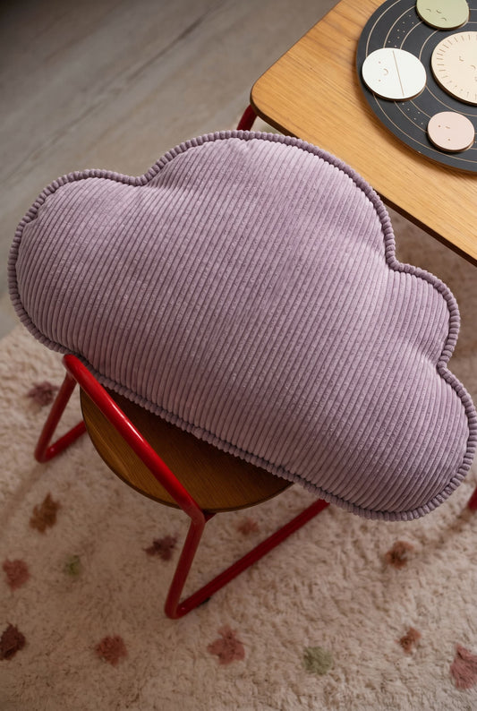 Corduroy Cloud Cushion by Bettys home. cushion in shape of cloud lavender on red chair