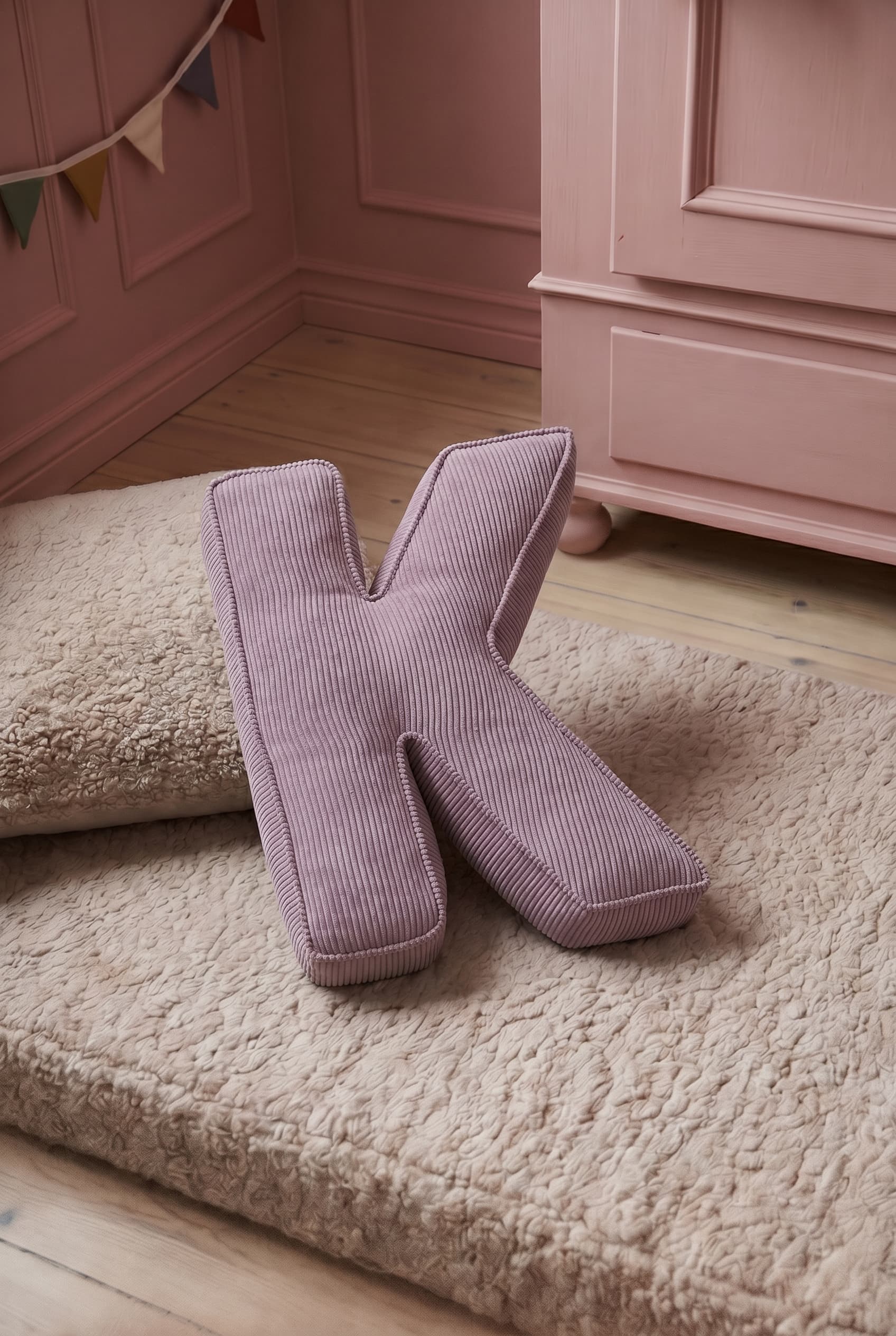 corduroy letter cushion K by bettys home in kids room on boucle mattress. Cushion in shape of letter