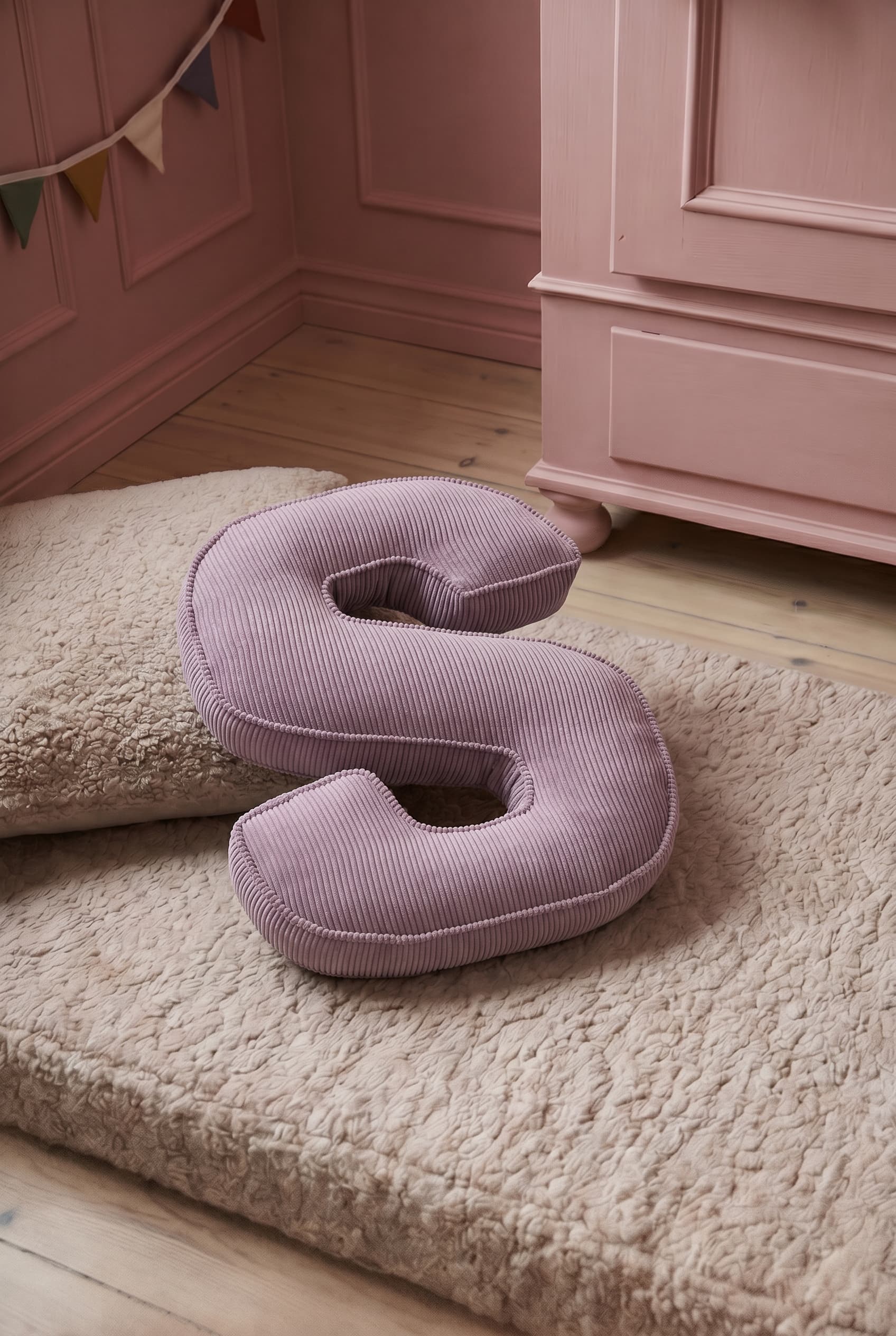 corduroy letter cushion S by bettys home in kids room on boucle mattress. Cushion in shape of letter