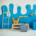 Corduroy star cushion by Bettys home at front of bench with letter cushion W. Wals in funny blue colours 