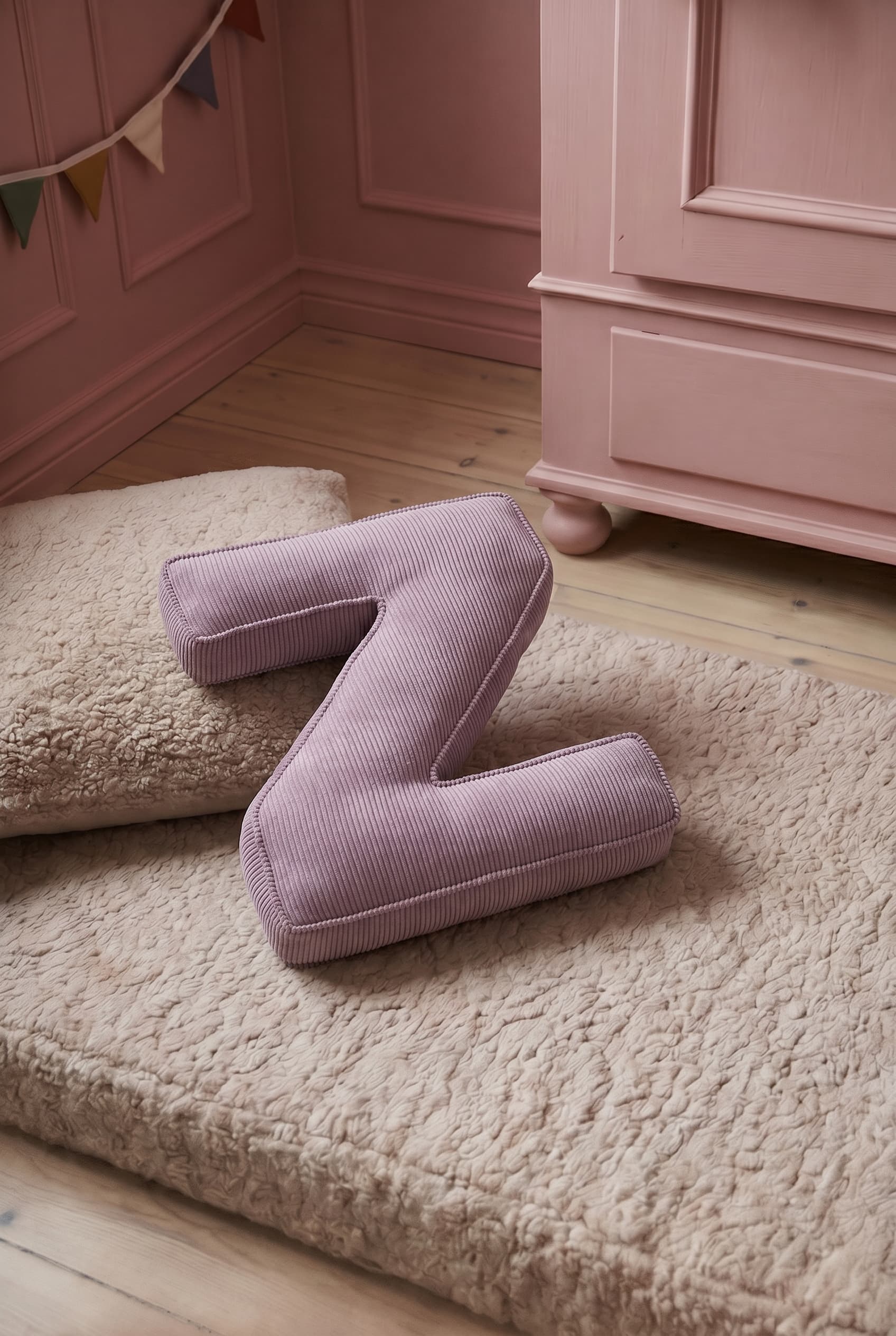 corduroy letter cushion Z by bettys home in kids room on boucle mattress. Cushion in shape of letter