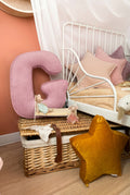 corduroy letter cushion G by bettys home in kids room next to kids bed