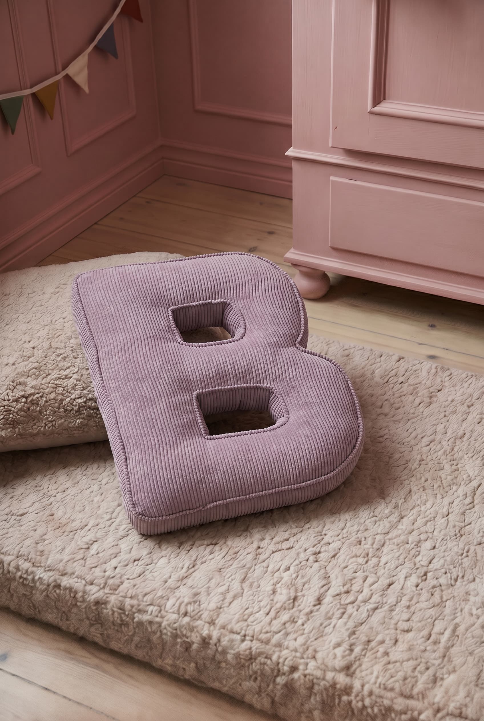 corduroy letter cushion B by bettys home in kids room. Cushion in shape of letter B on mattress