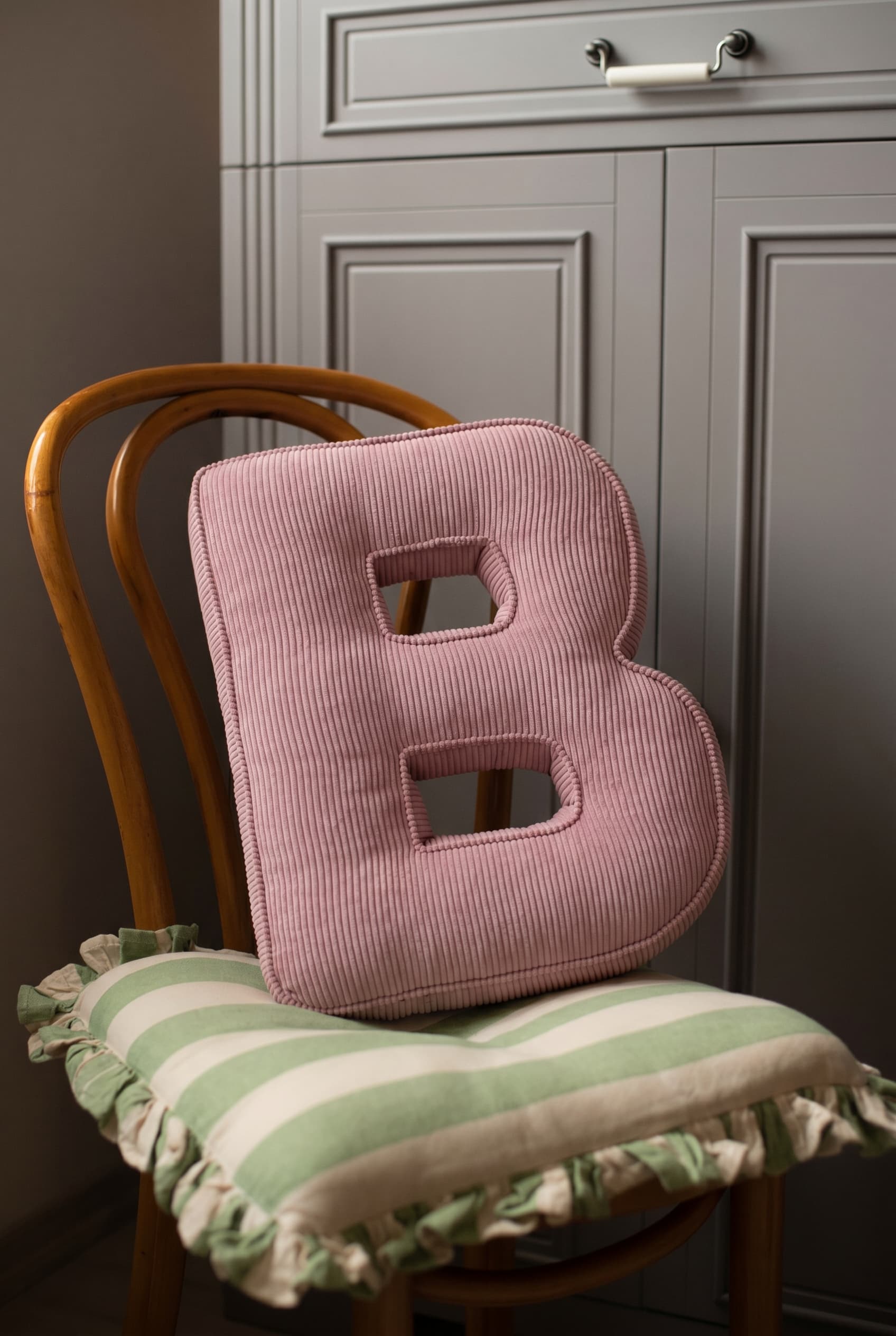 corduroy letter cushion B by bettys home in kids room. Cushion in shape of letter B on chair s