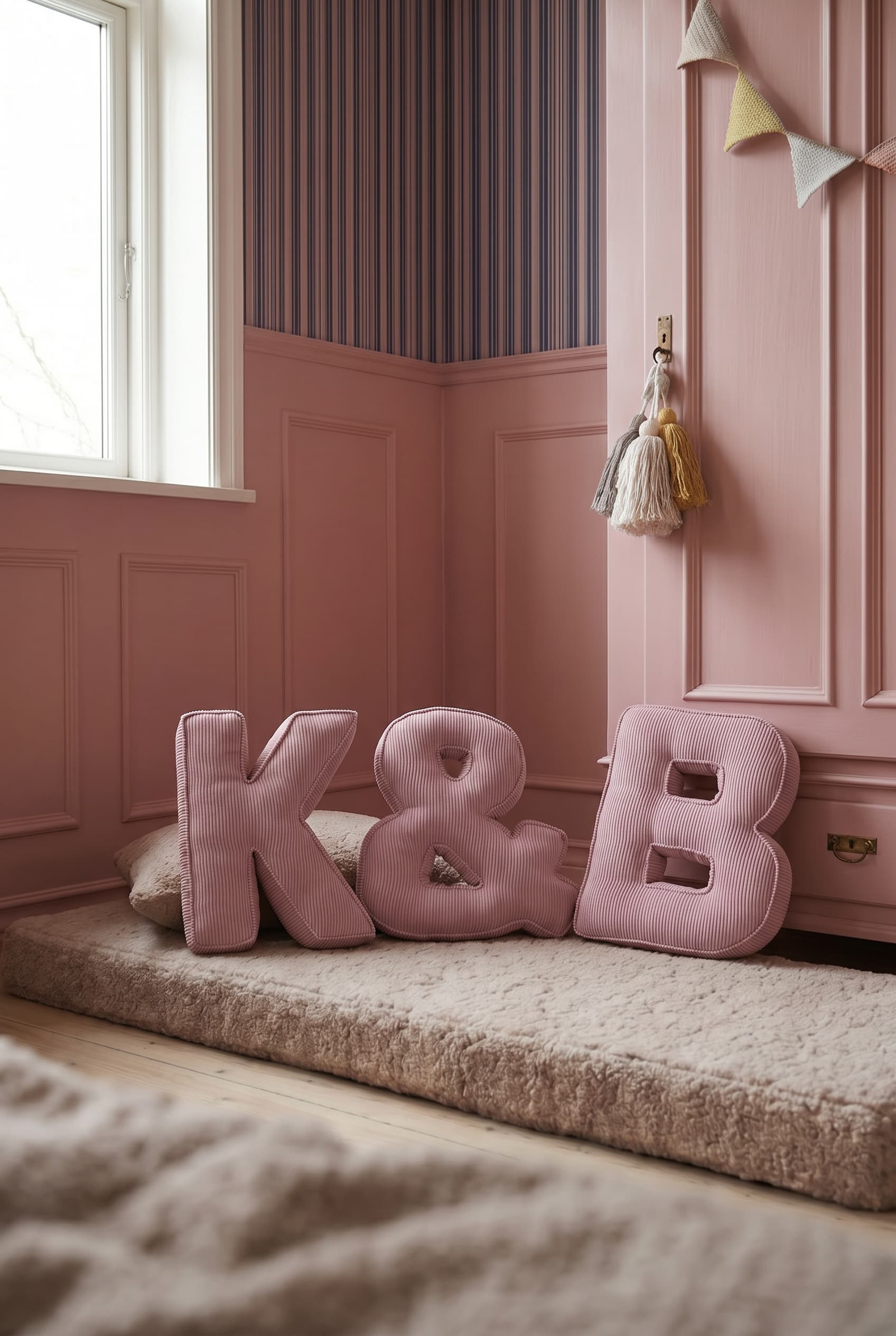 corduroy letter cushion K&B by bettys home in kids room. Cushion in shape of letter K&B on mattress