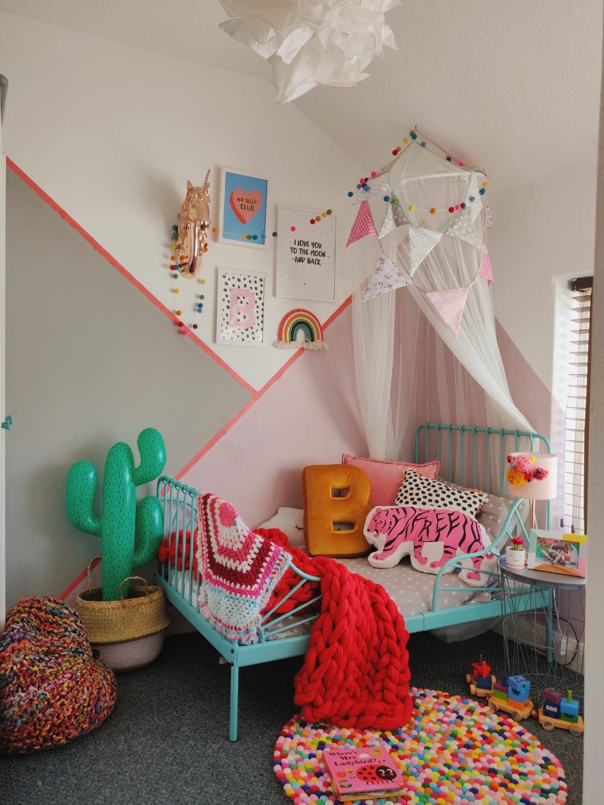 velvet letter cushion B by bettys home on kids bed in colorful kids room 
