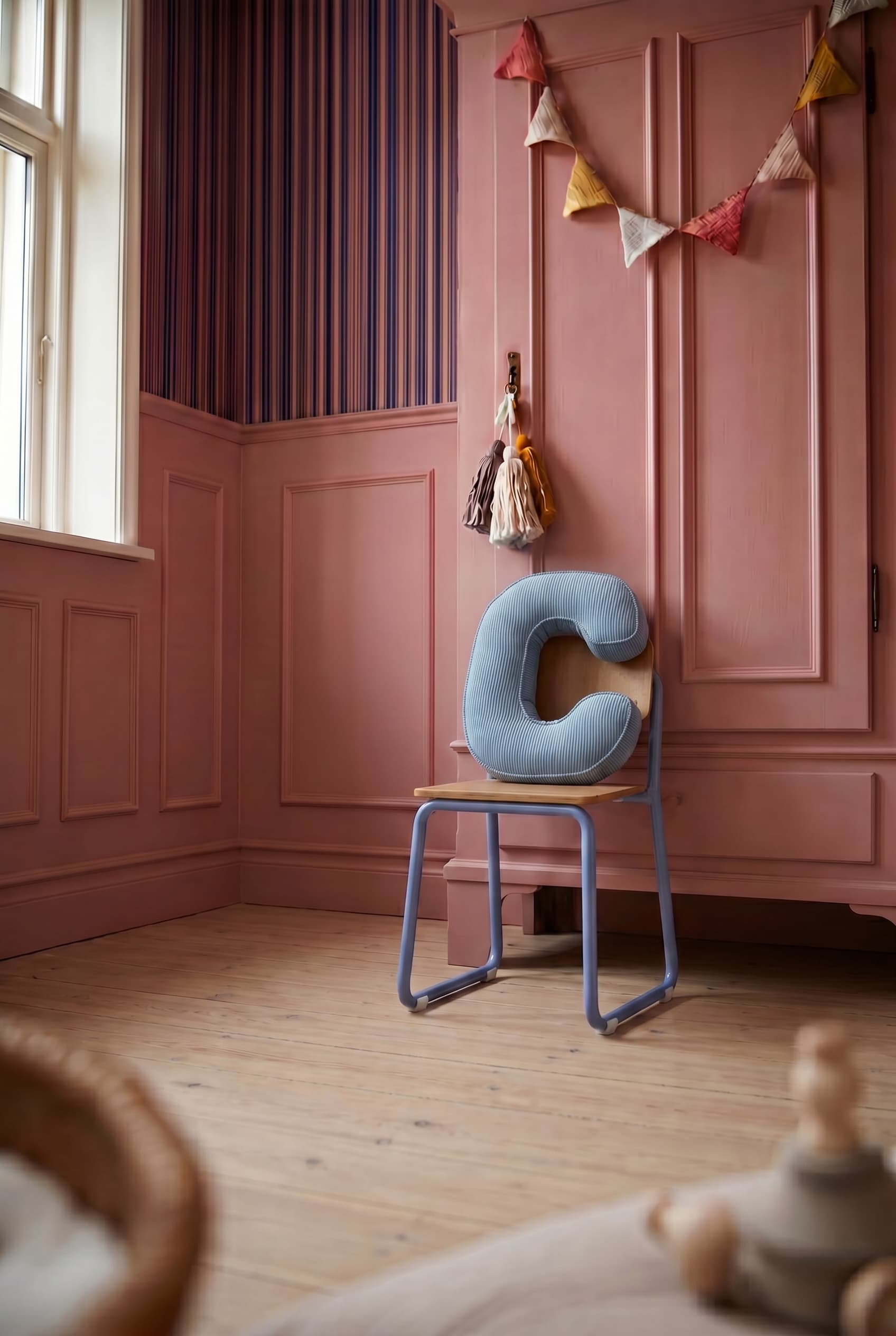 corduroy letter cushion C by bettys home on blue chair