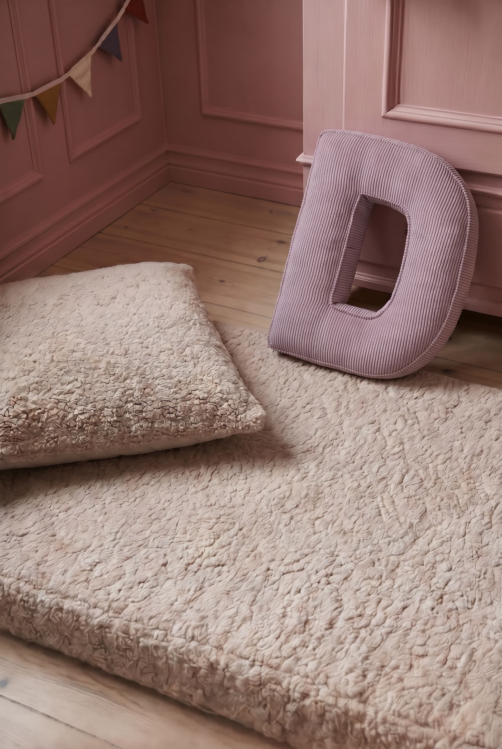 corduroy letter cushion D by bettys home next to boucle mattress