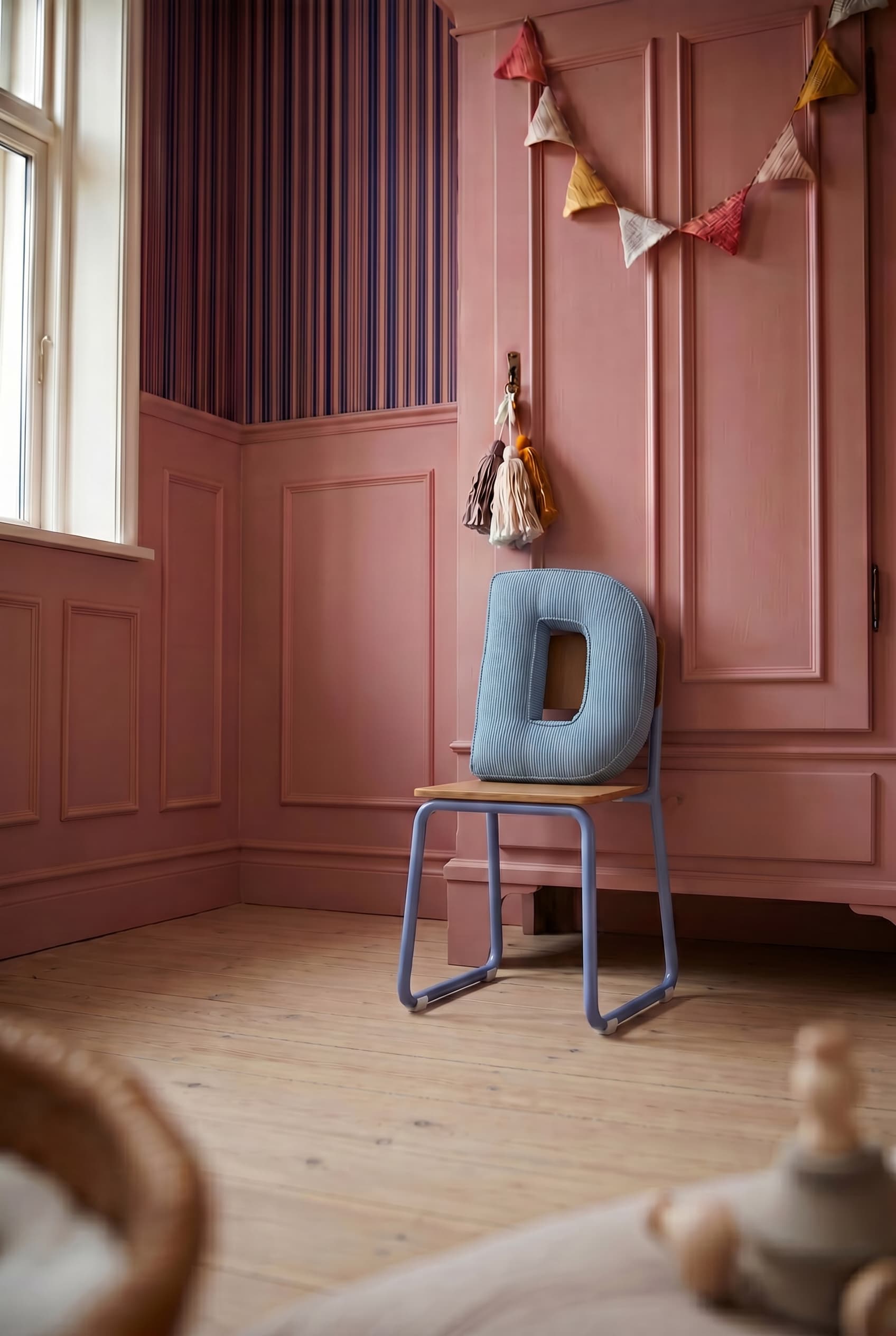 corduroy letter cushion D by bettys home on blu chair