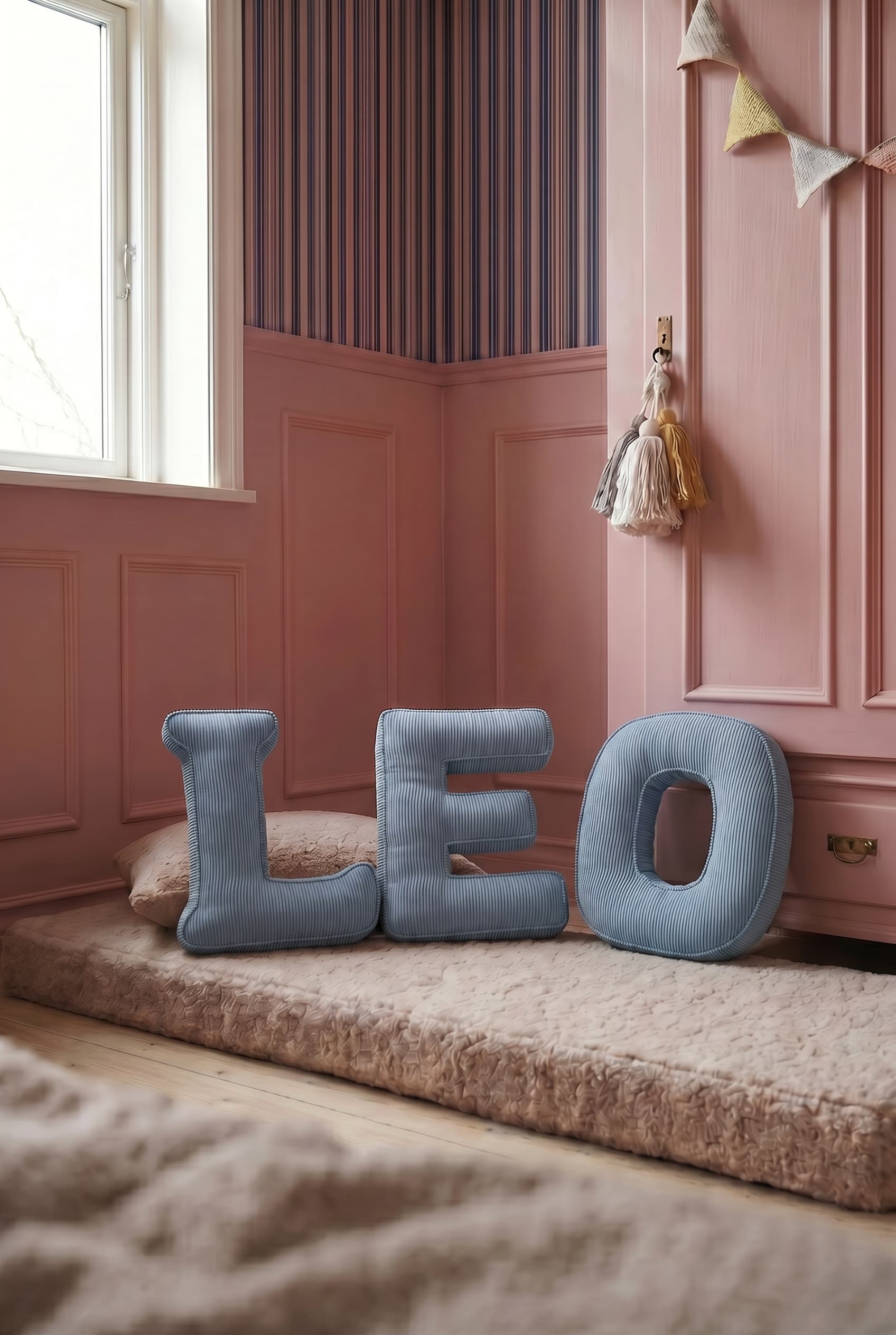 corduroy letter cushion LEO by bettys home on boucle mattress