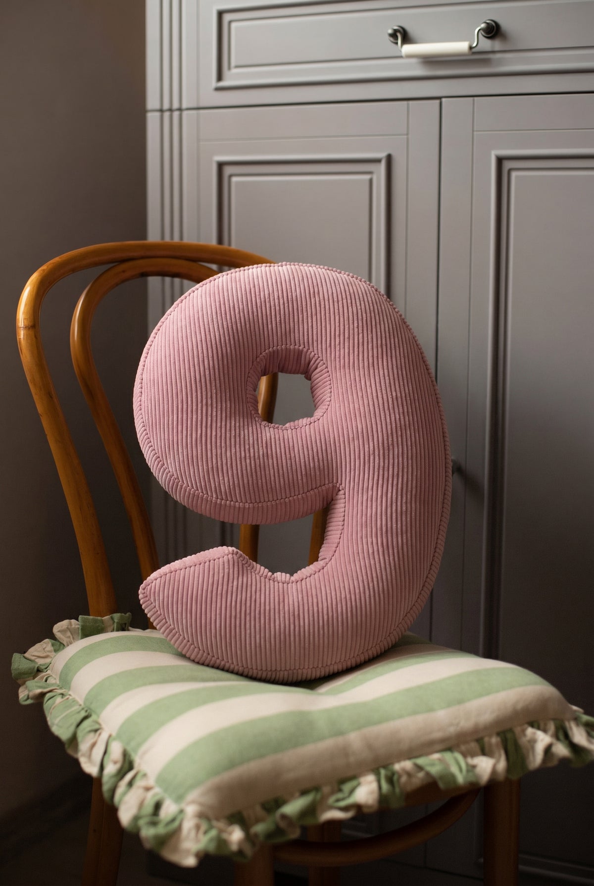 Corduroy Number Cushion by Bettys Home on chair