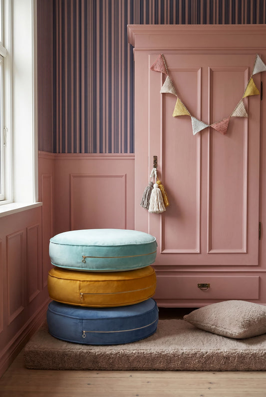 velvet floor poufs by bettys home in 3 colours - mint, yellow, blue on boucle floor mattress 