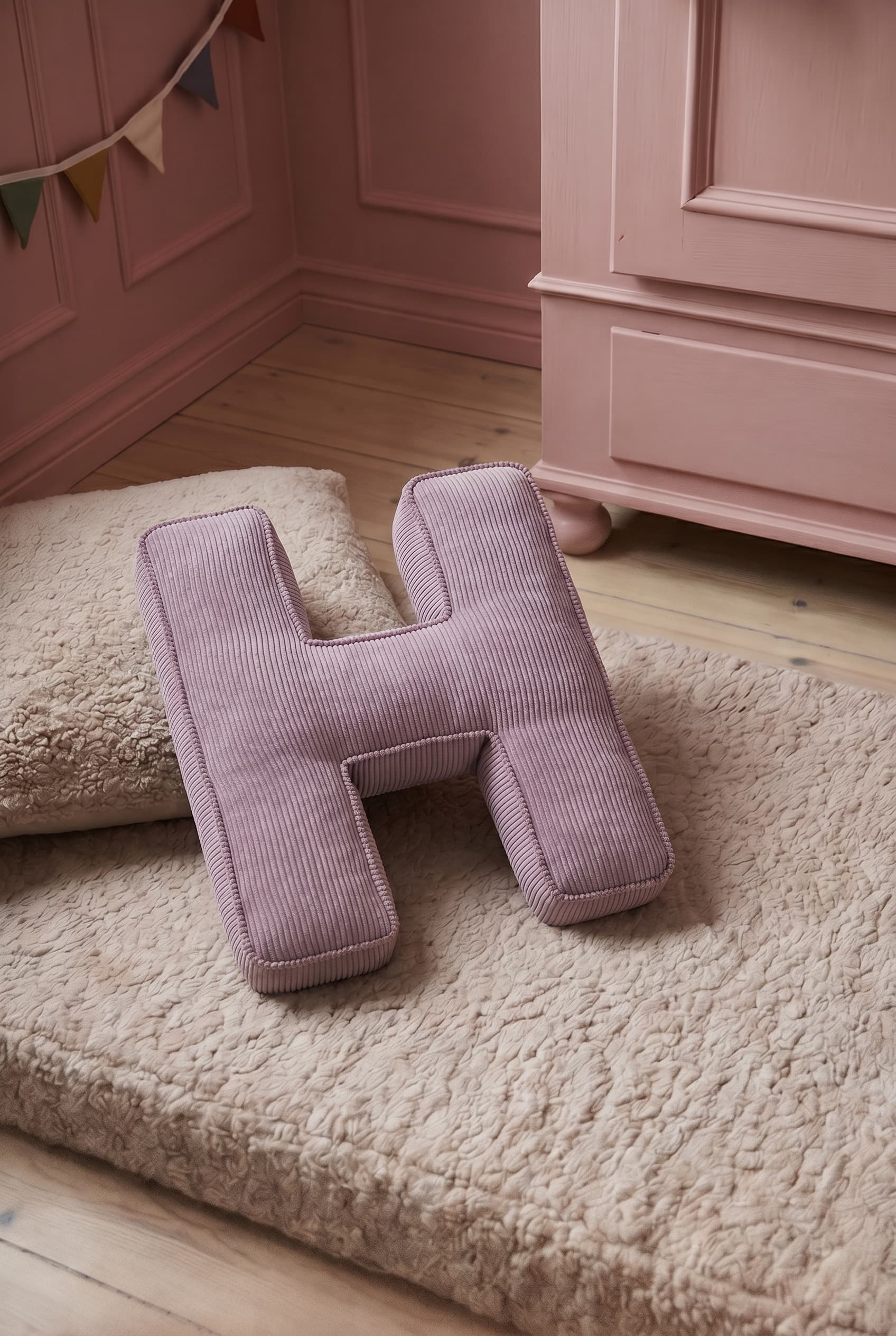corduroy letter cushion H by bettys home in kids room on boucle mattress