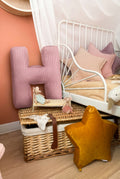 corduroy letter cushion H by bettys home in kids room next to kids bed