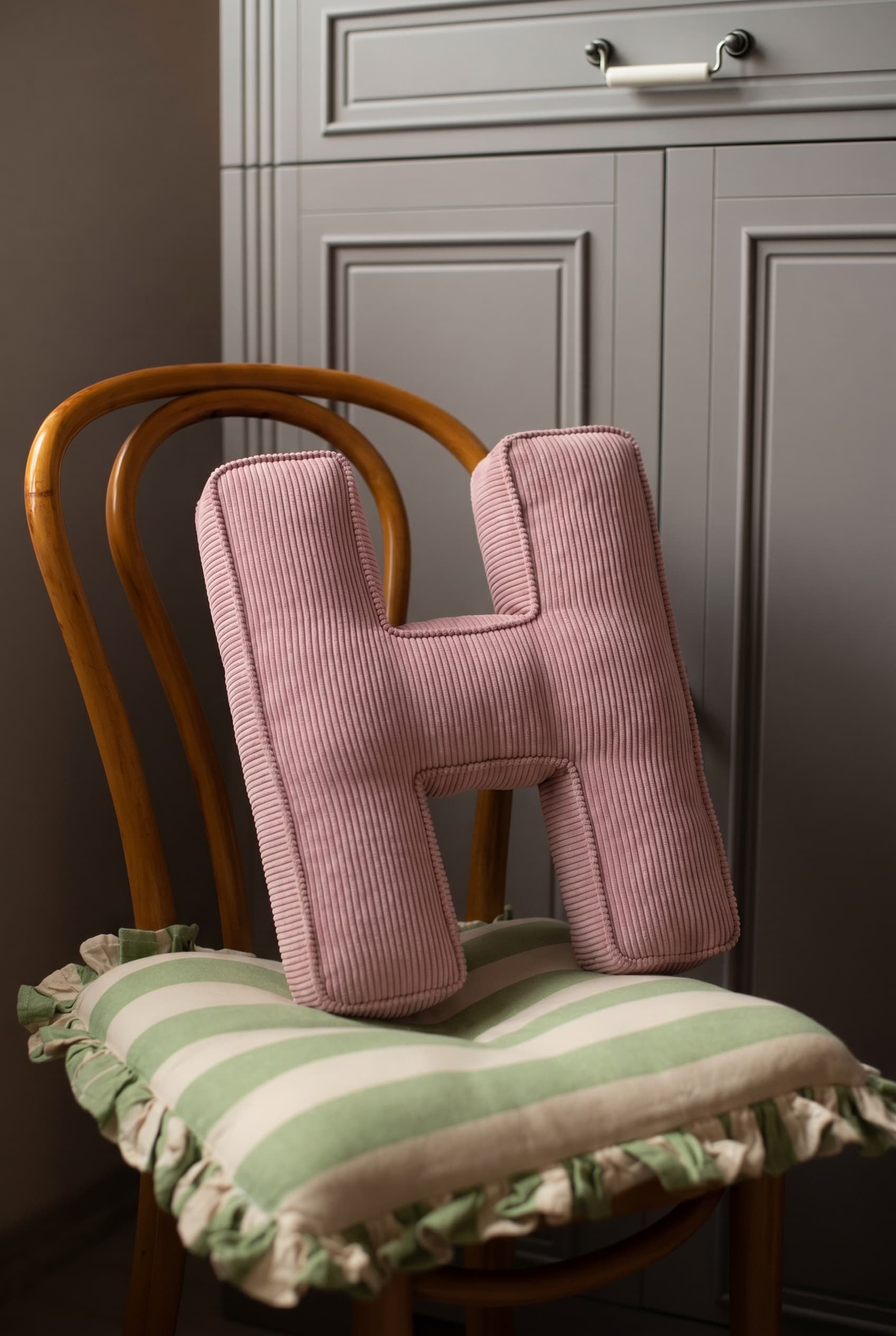 corduroy letter cushion H by bettys home in kids room on chair 