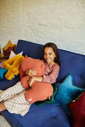 Velvet Star Cushion, star-shaped decorative pillow in blue velvet, blue plush throw pillow for kids room decor by bettys home