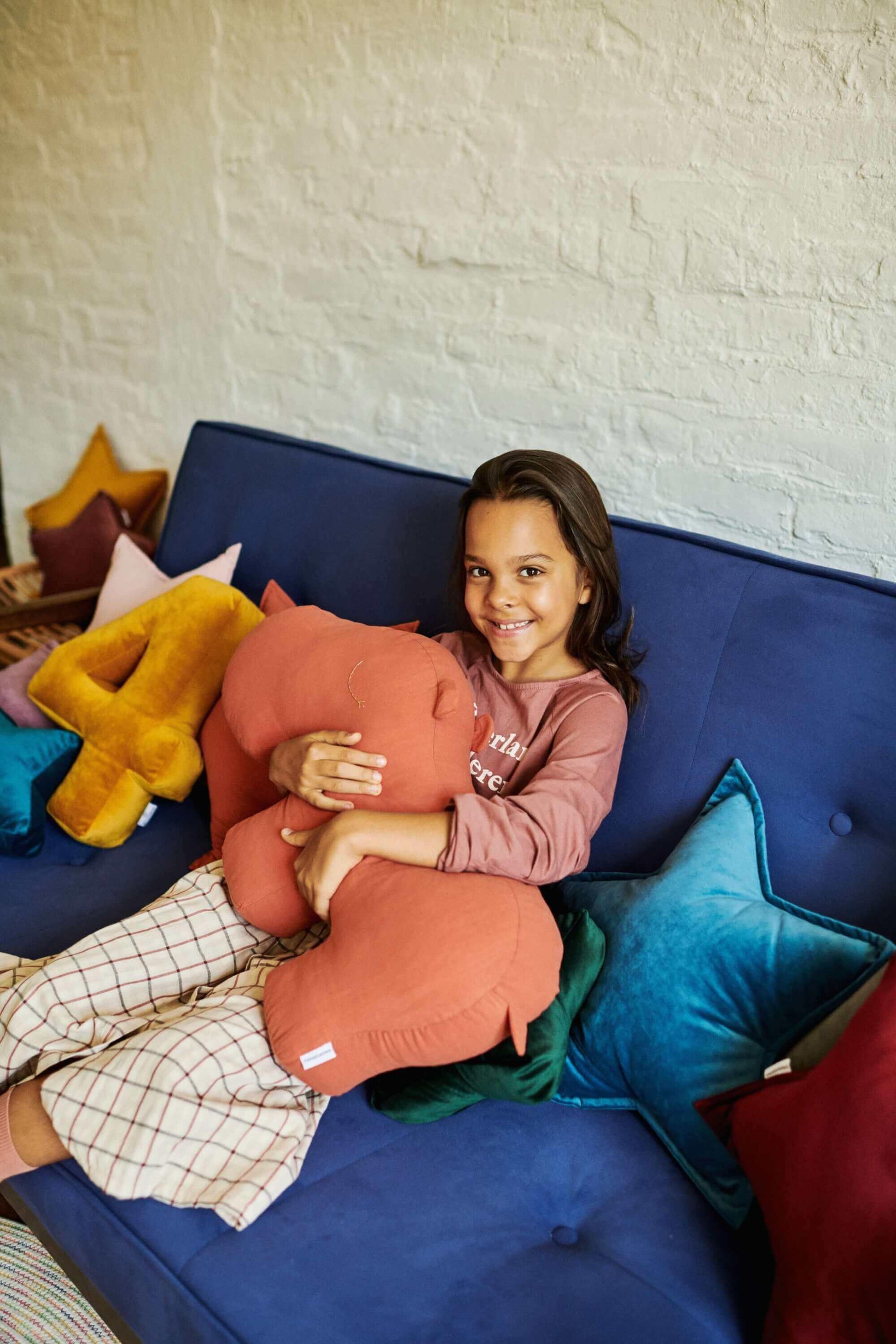 Velvet Star Cushion, star-shaped decorative pillow in blue velvet, blue plush throw pillow for kids room decor by bettys home